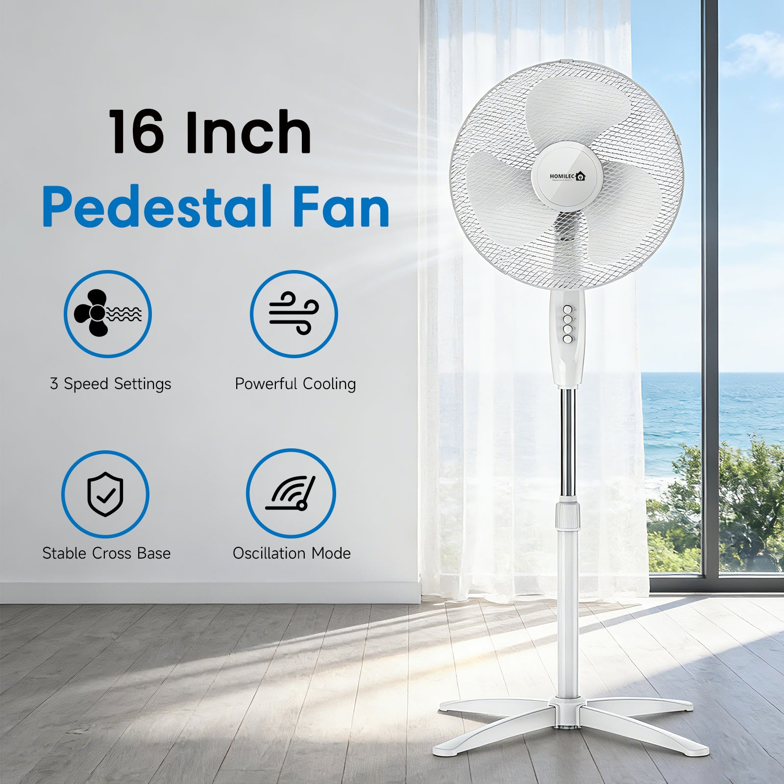 Oscillating Pedestal Fan 16" Portable 3 Speed Cooling Silent Fan Floor Standing
