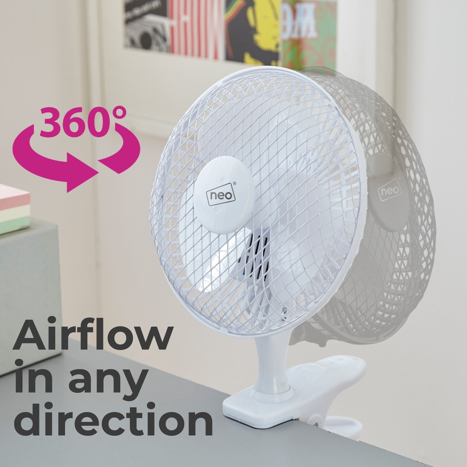 Neo Mini Fan Portable Desktop Clip Base Mount Desk 2 Speed 360 Adjustable Cool