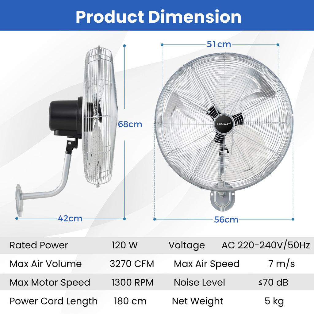 20 Inch Heavy Duty Metal Wall Mount Fan with 3 Fan Speeds