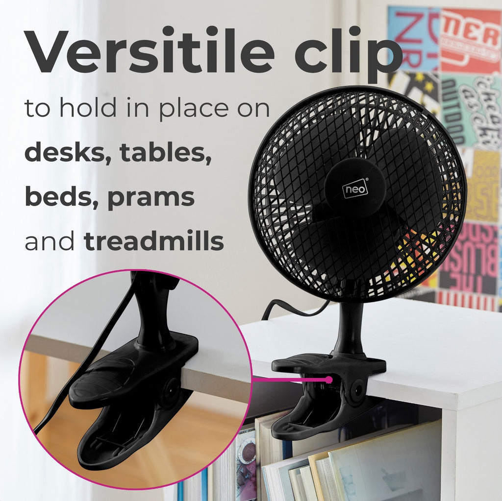 Neo Mini Fan Portable Desktop Clip Base Mount Desk 2 Speed 360 Adjustable Cool