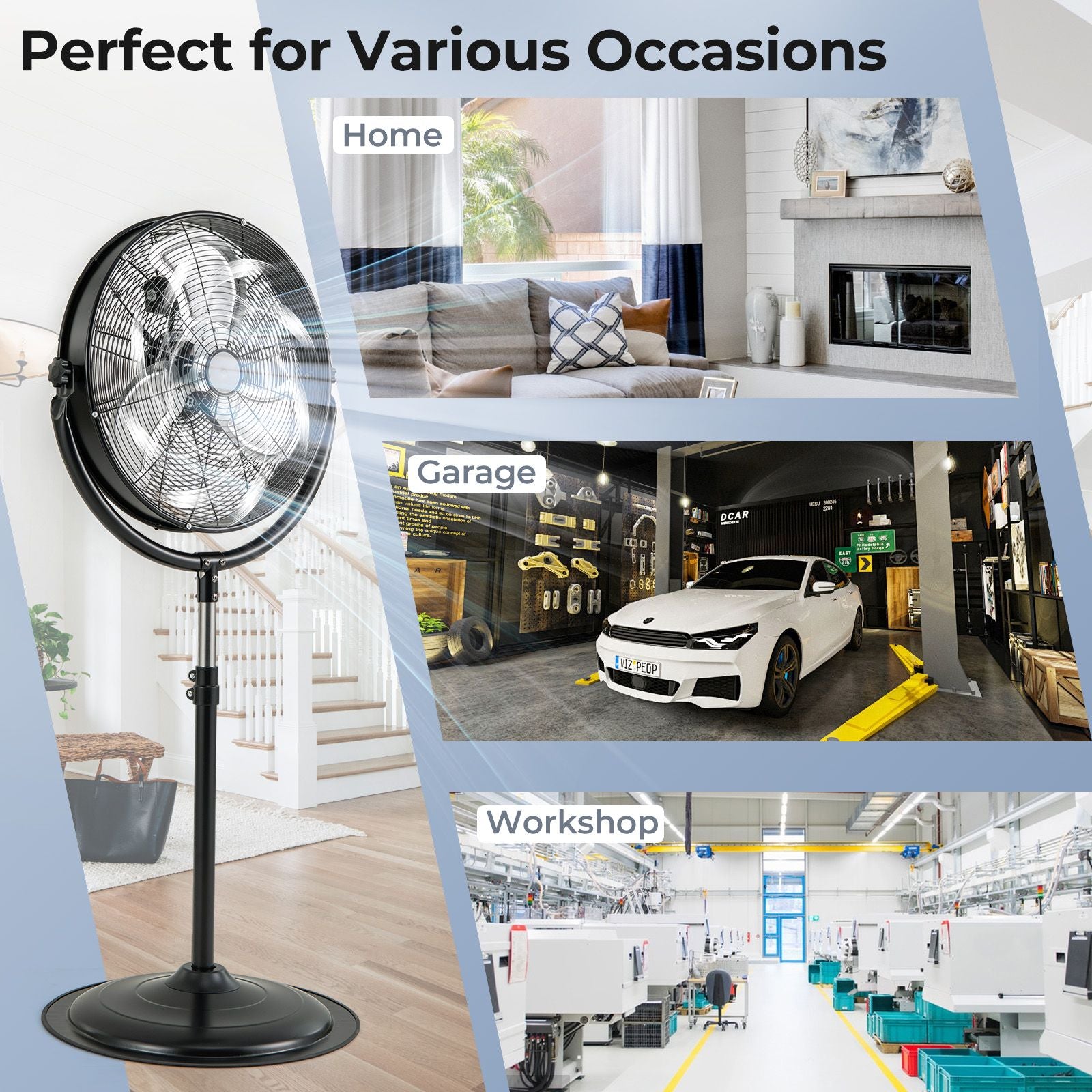 Industrial Standing Fan with 3 Speeds 360° Tilt and Adjustable Height
