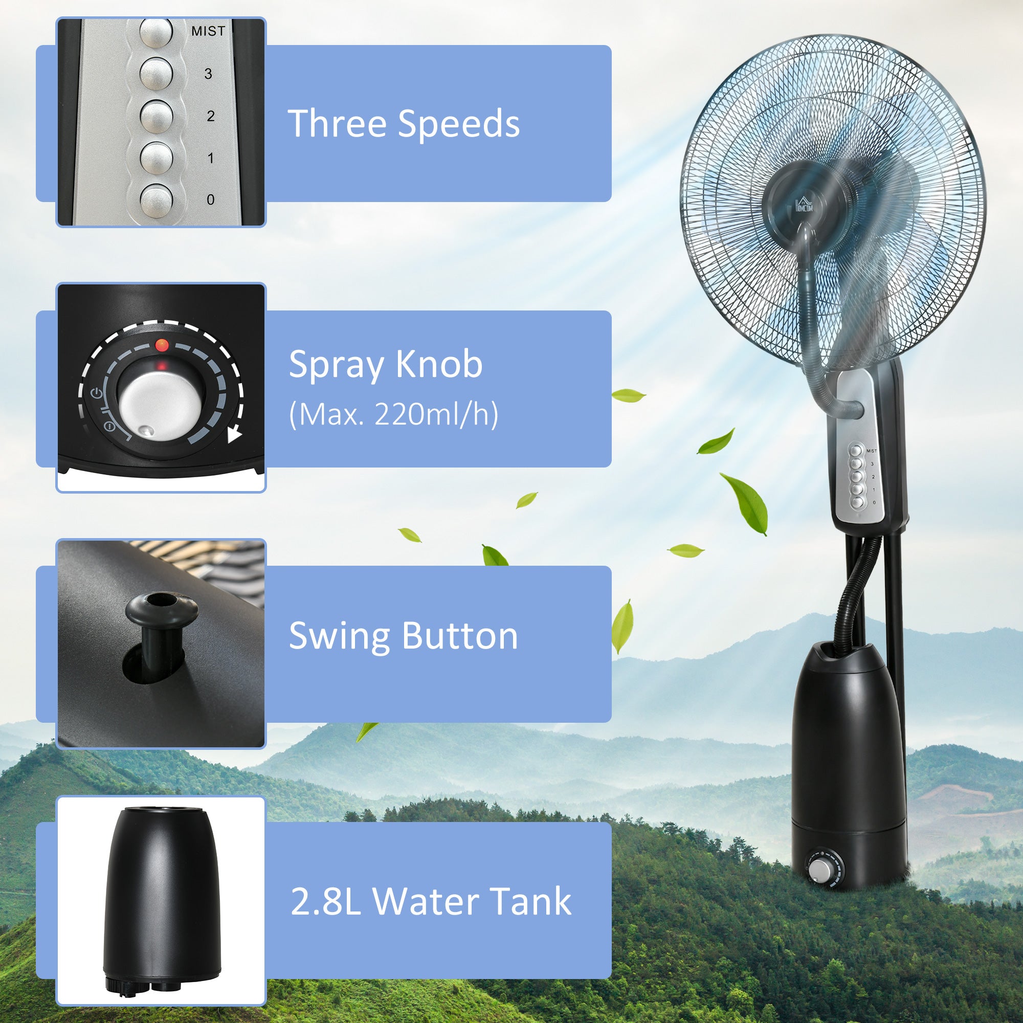 18 Pedestal Fan with Water Mist Spray, Standing Fan, Humidifying Misting Fan with 3 Speeds, 2.8L Water Tank, Black