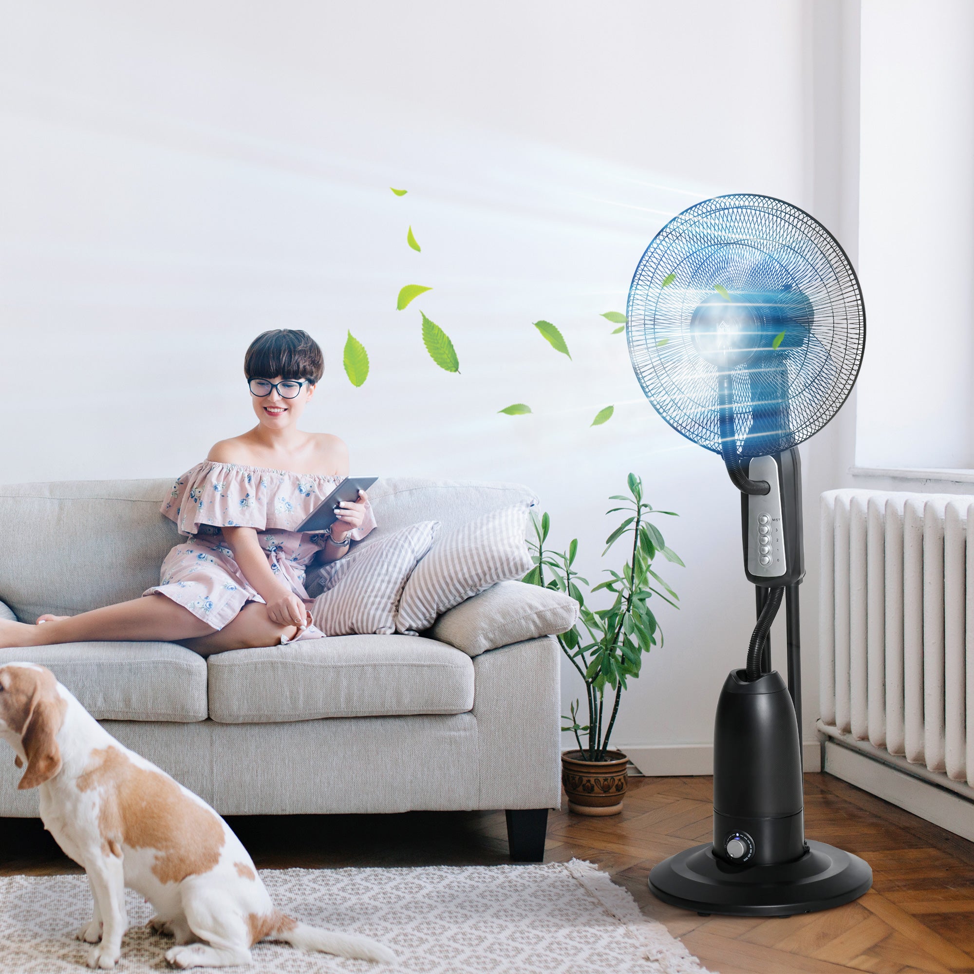 18 Pedestal Fan with Water Mist Spray, Standing Fan, Humidifying Misting Fan with 3 Speeds, 2.8L Water Tank, Black