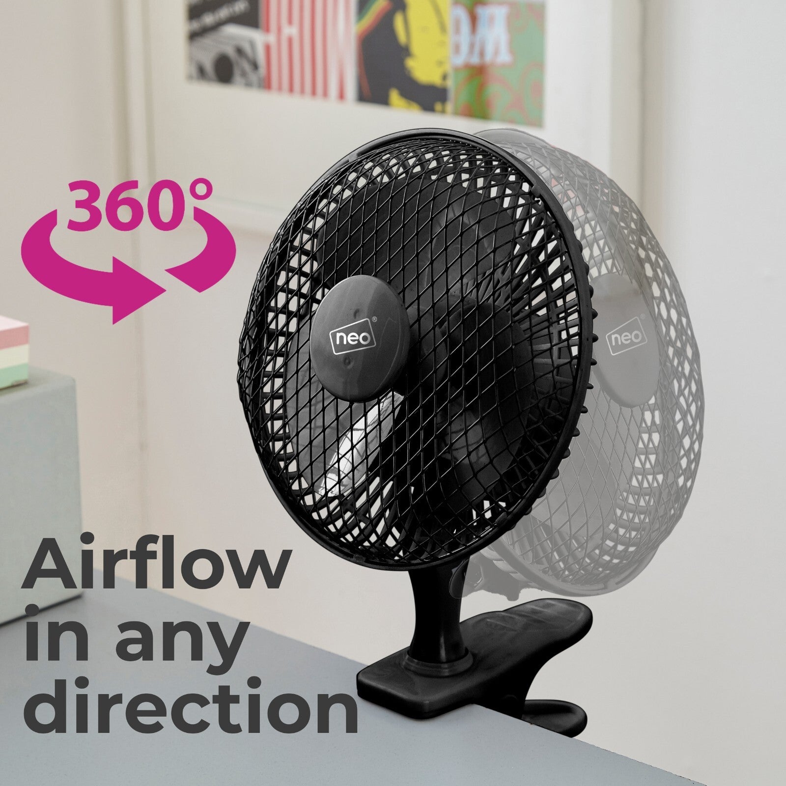 Neo Mini Fan Portable Desktop Clip Base Mount Desk 2 Speed 360 Adjustable Cool