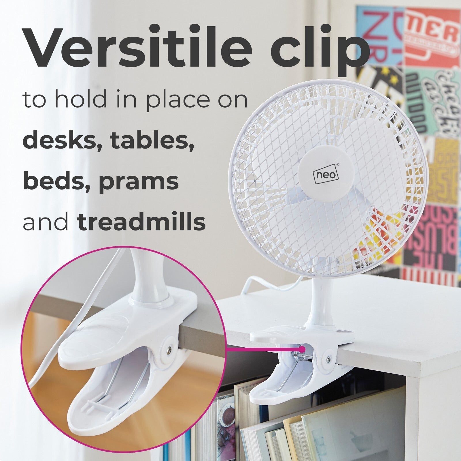 Neo Mini Fan Portable Desktop Clip Base Mount Desk 2 Speed 360 Adjustable Cool