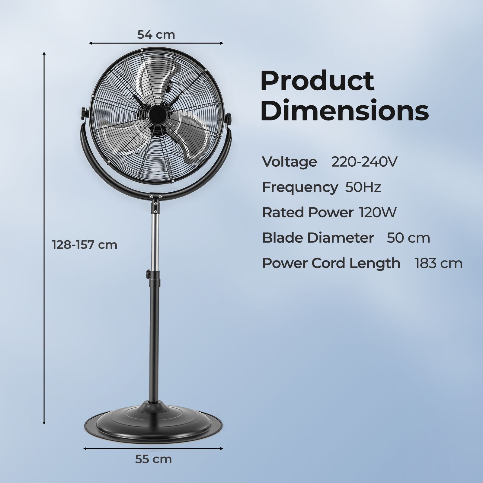 Industrial Standing Fan with 3 Speeds 360° Tilt and Adjustable Height