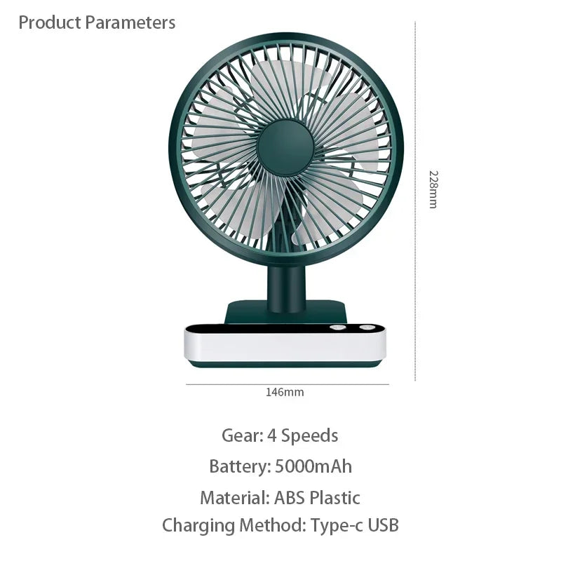 USB Rechargeable Oscillating Desk Fan 4 Speed Settings 5000Mah Mini Table Cooling Fan Adjustable Head Home Office Personal Fan