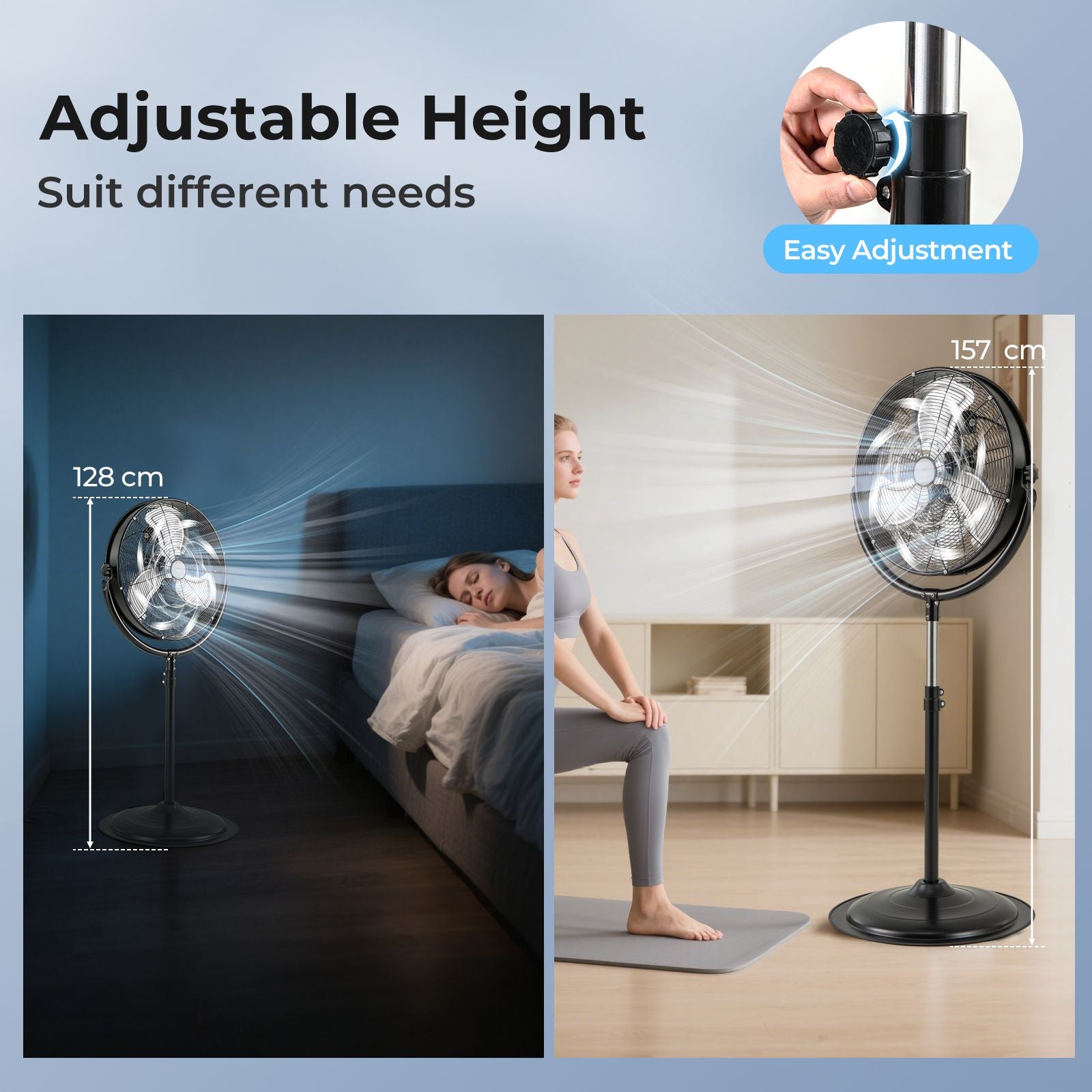 Industrial Standing Fan with 3 Speeds 360° Tilt and Adjustable Height